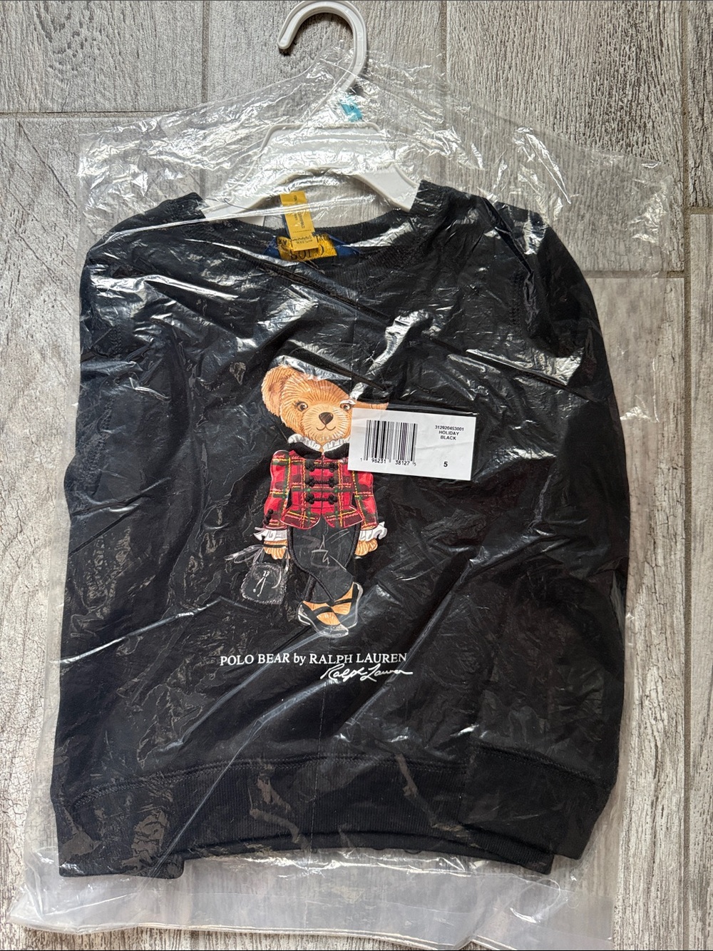 NWT-Ralph Lauren Kids Black Sweatshirt with Plaid Polo Bear Graphic